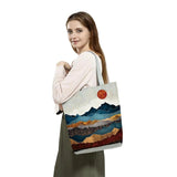 Oil Painting Mountain Forest Print Tote Bag Foldable Shopper Handbag