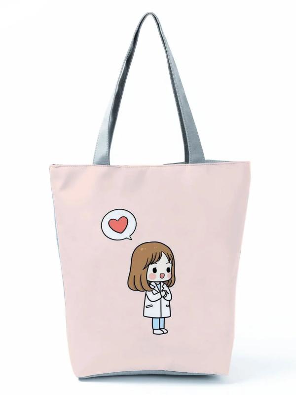 Nurse Printed Handbag Cartoon Women Shoulder Bag Girl Outdoor Travel Beach Bag D