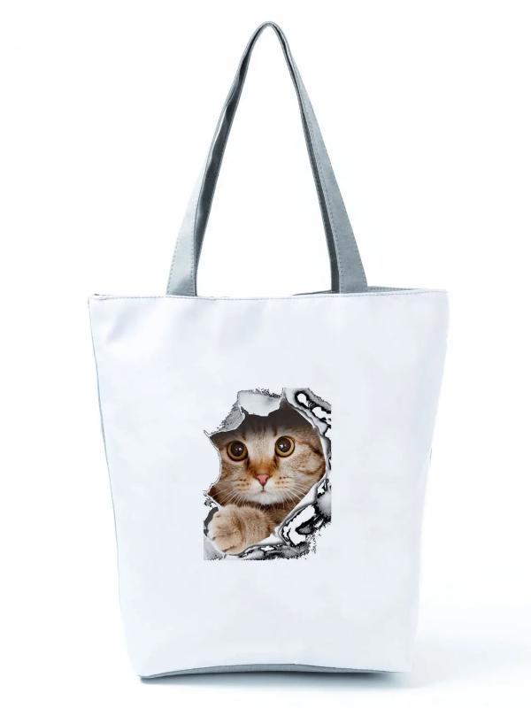 Cat Printed Storage Handbag Large Capacity Reusable Shoulder Shopping Bag