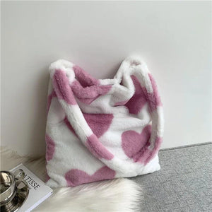 Furry Plaid Tote Bag Large Capacity Casual Handbag