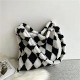 Furry Plaid Tote Bag Large Capacity Casual Handbag