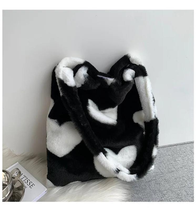 Furry Plaid Tote Bag Large Capacity Casual Handbag