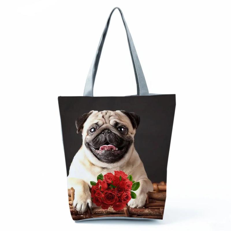 High Capacity Pug Dog Printed Shoulder Bag Casual Women Eco Reusable Shopping Ba