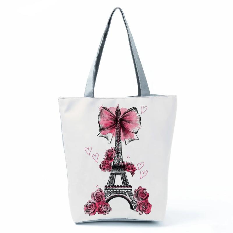 Floral Printed Eiffel Tower Tote Bag High Capacity Women Shoulder Handbag