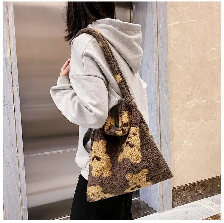 Fluffy Fur Bear Shoulder Tote Bag Soft Girls School Bag
