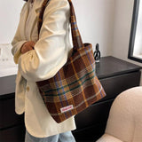 Women's Plaid Wool Shoulder Bag Large Capacity Soft Handbag