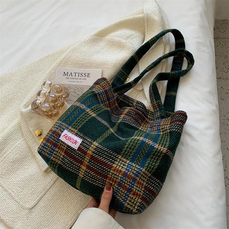 Women's Plaid Wool Shoulder Bag Large Capacity Soft Handbag