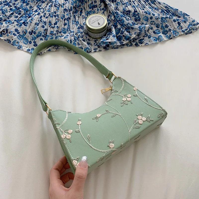 Floral Stitching Shoulder Bag Soft PU Leather Underarm Bags