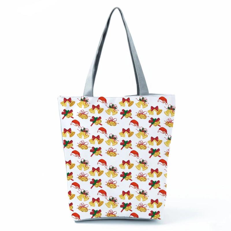 Santa Claus Tote Snowflake Bell Print Handbags Eco Reusable Shopping
