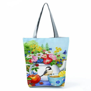 Eco Reusable Large Shopping Bags Floral Birds Print Totes