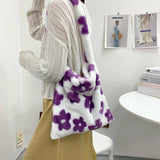 Women Flower Print Plush Shoulder Bag Large Tote Handbags