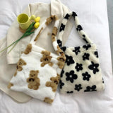 Women Flower Print Plush Shoulder Bag Large Tote Handbags