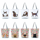 Floral Pet Dog Cat Print Women Tote Handbags Casual School Traveling Shoulder Ba