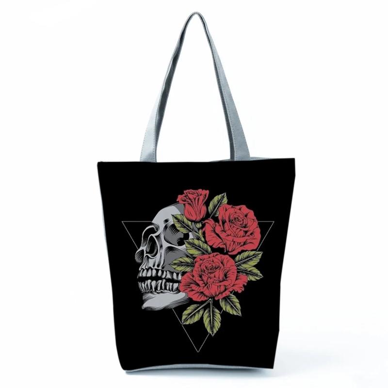 Halloween Skull Floral Tote Bag - Women's Shoulder Bag