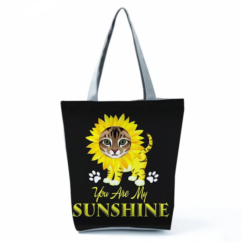 Foldable Cat Print Shopping Bag Reusable Women Shoulder Bags