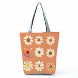 Floral Daisy Printed Handbags Eco Reusable Shopping Bag Tote Orange