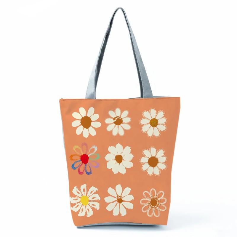 Floral Daisy Printed Handbags Eco Reusable Shopping Bag Tote Orange