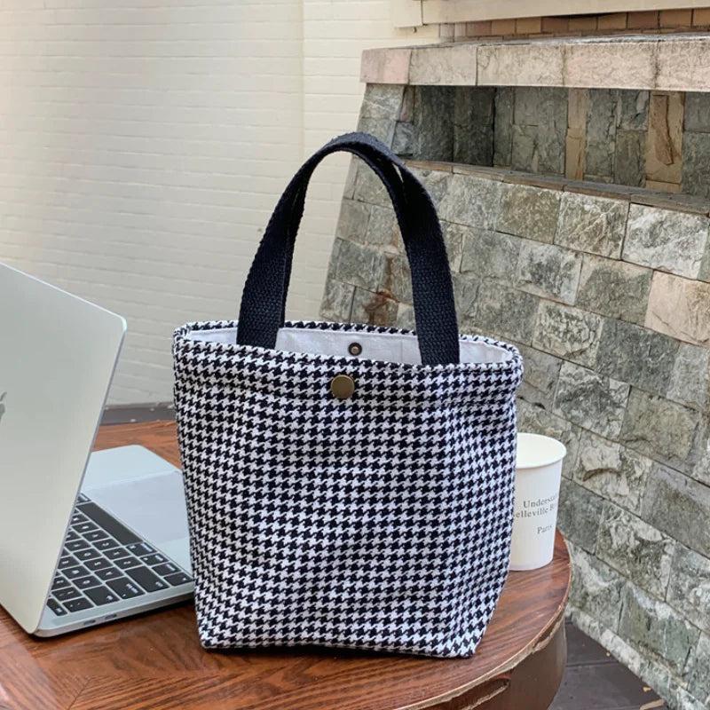 Plaid Woolen Shoulder Bag Houndstooth Handbags Girls Student Lunch Bento Bags