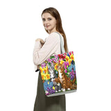 Foldable Cat Floral Painting Print Tote Bag for Groceries