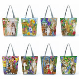 Foldable Cat Floral Painting Print Tote Bag for Groceries