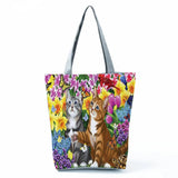 Foldable Cat Floral Painting Print Tote Bag for Groceries