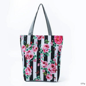Vertical Stripe Flower Bee Pattern Printed Handbags Well Travel Bag