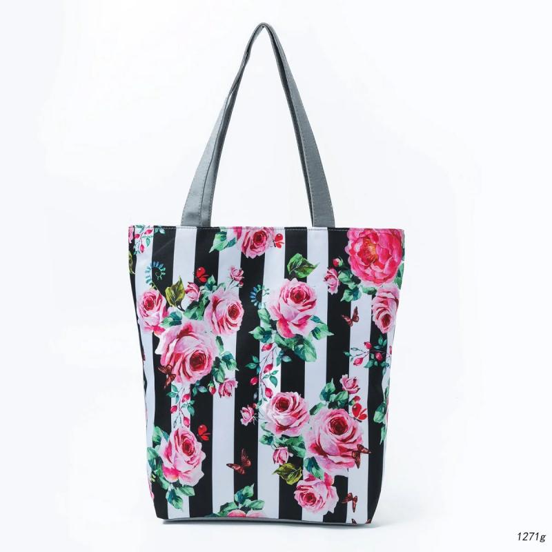 Vertical Stripe Flower Bee Pattern Printed Handbags Well Travel Bag