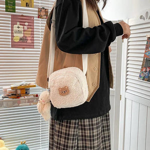 Plush Bear Messenger Bag for Women Winter Handbag