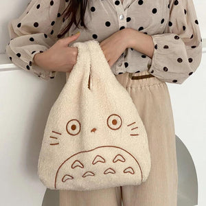 Totoro Embroidery Lamb Handbag Soft Fur Shopper Bag