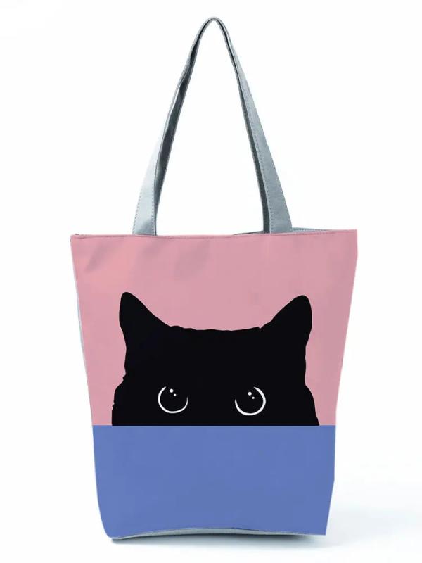 Cat Printed Fabric Eco Handbag High Capacity Reusable Shoulder Bag