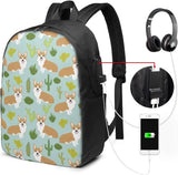Corgi Cactus Dogs Backpack 17 Inch Laptop with USB Port