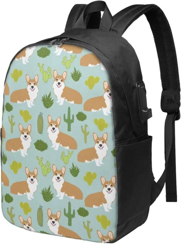 Corgi Cactus Dogs Backpack 17 Inch Laptop with USB Port