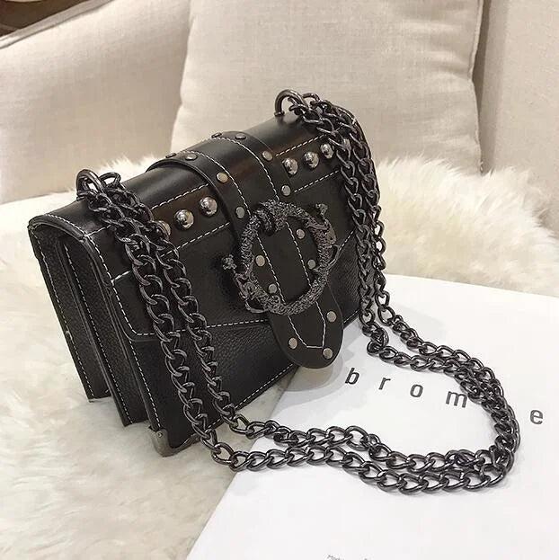 European Style PU Leather Women's Handbag with Rivet Lock and Chain Shoulder