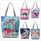 Miyahouse Floral & Umbrella Print Shoulder Bag Canvas Beach Tote Handbag