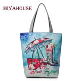 Miyahouse Floral & Umbrella Print Shoulder Bag Canvas Beach Tote Handbag