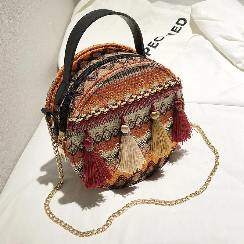 Women Straw Bags Tassel Rattan Woven Beach Shoulder Bags
