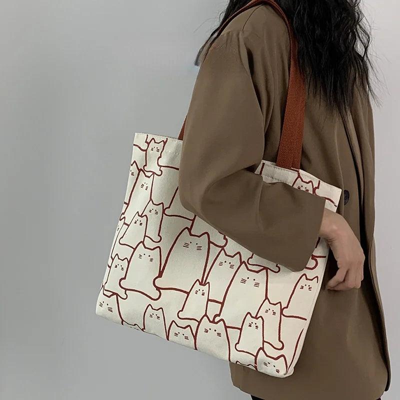 Japanese Style Handbag for Women Shopper Tote Bag with Cartoon Cats