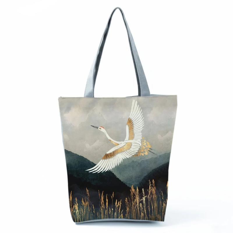 Japanese Crane Tote Bag for Shopping, Eco-Friendly Reusable Handbag