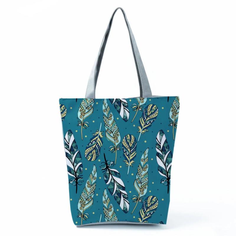 Women Casual Tote Feather Print Handbag High Capacity Travel Shoulder Bag