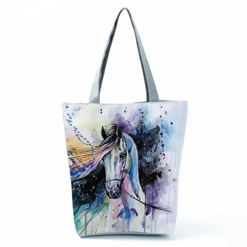 Watercolor Horse Graphic Tote Reusable Shoulder Bag Handbag