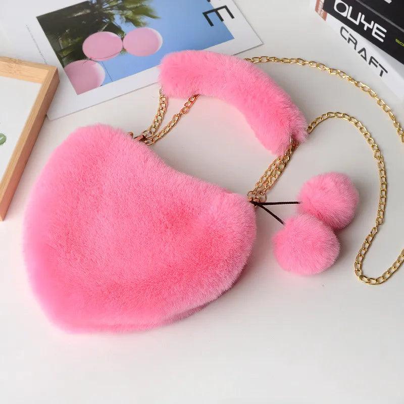 Faux Fur Heart-shaped Chain Shoulder Bag