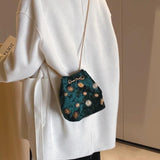 Velvet Bucket Bag Crossbody with Golden Chain Strap