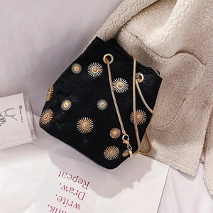 Velvet Bucket Bag Crossbody with Golden Chain Strap