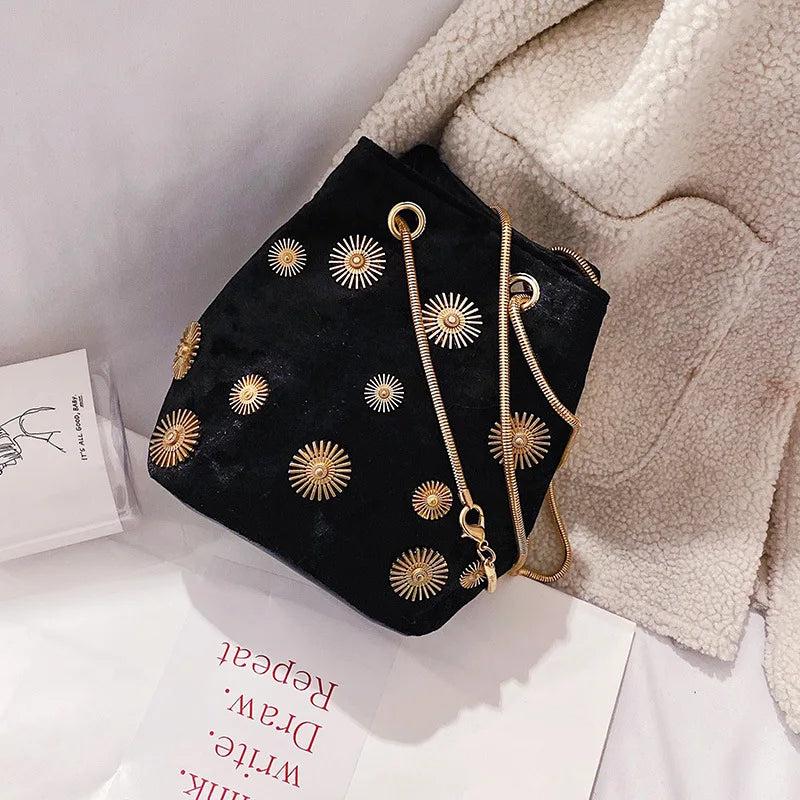 Velvet Bucket Bag Crossbody with Golden Chain Strap