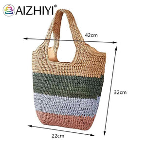 Hand-Woven Beach Vacation Bags Casual Large Capacity Striped Contrast