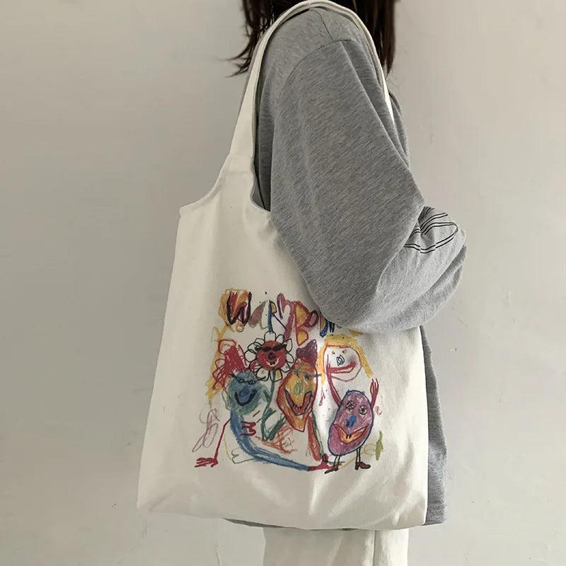 Canvas Shoulder Bags Women Large Capacity Comic Cartoon Handbags Tote