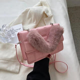 Winter Fur Top-handle Handbags Purse Female PU Leather Bag Small Flap Crossbody