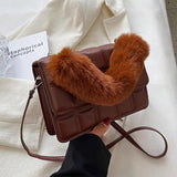 Winter Fur Top-handle Handbags Purse Female PU Leather Bag Small Flap Crossbody