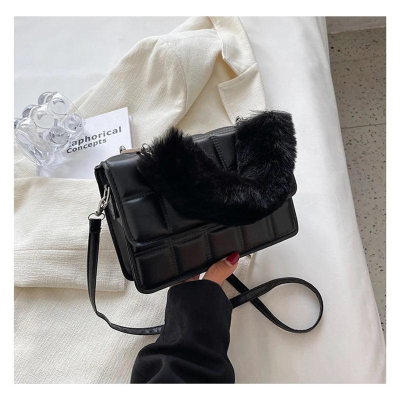 Winter Fur Top-handle Handbags Purse Female PU Leather Bag Small Flap Crossbody