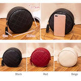 Women Leather Round Shoulder Bag Tassel Circular Plaid Purse Crossbody Messenger